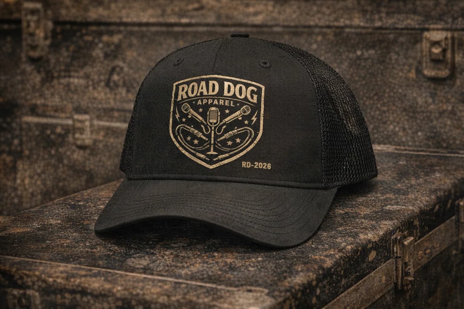 Black Road Dog Apparel trucker cap on a weathered road case